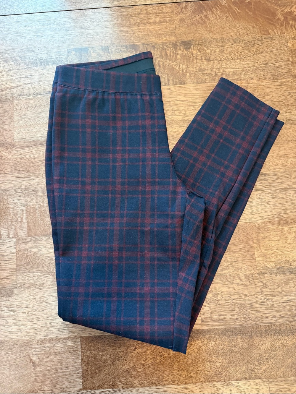 Talbots Black Leggings with Burgundy Plaid Waistband